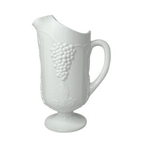 VINTAGE DRINK PITCHER Milk Glass Footed Handled Grape Leaf pattern White